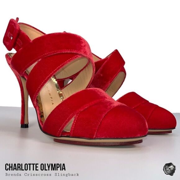 CHARLOTTE OLYMPIA BRENDA CRISSCROSS SLINGBACK PUMPS IN RED VELVET EU 38.5 NEW - Picture 5 of 15